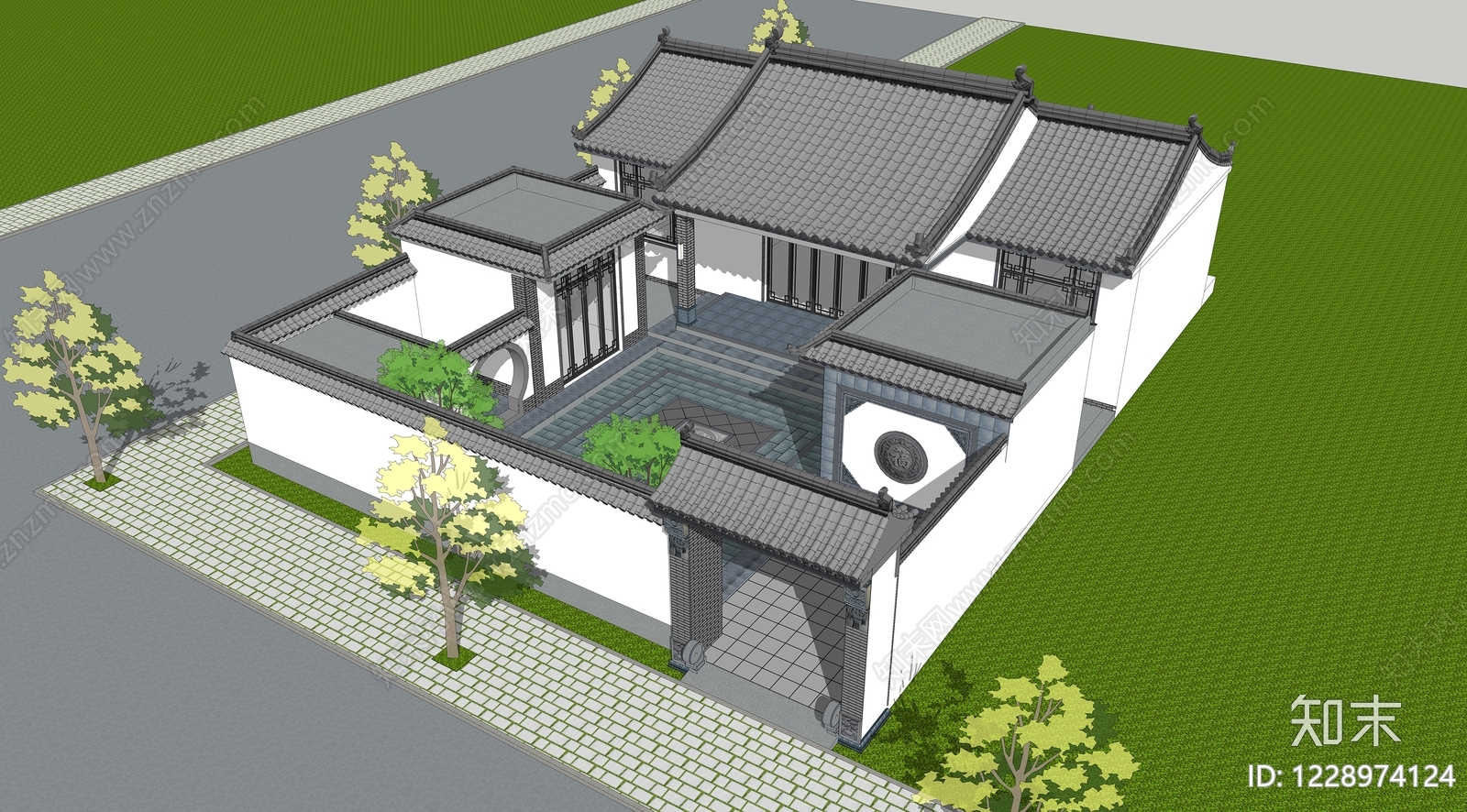中式古建四合院SU模型下载【ID:1228974124】