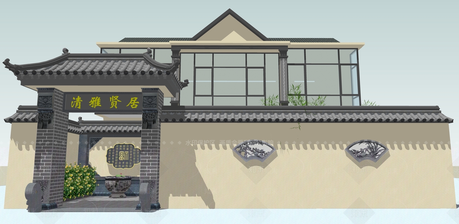 新中式景观别墅庭院SU模型下载【ID:1228991396】