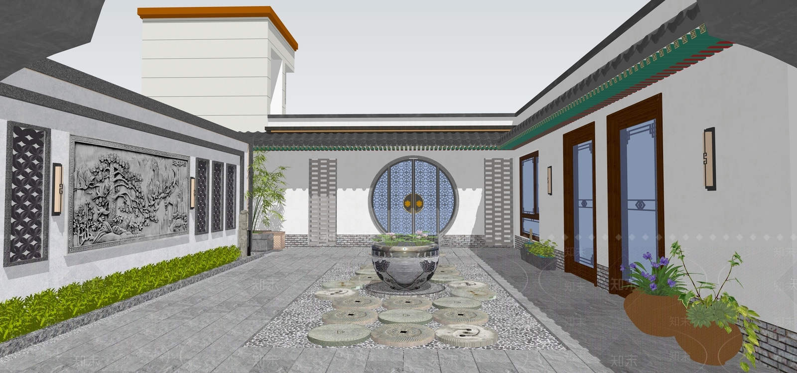 新中式景观乡村庭院SU模型下载【ID:1228994323】