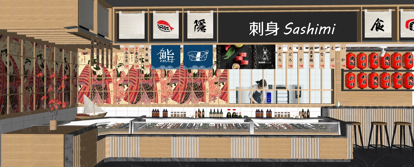 日式日料店SU模型下载【ID:1229007684】