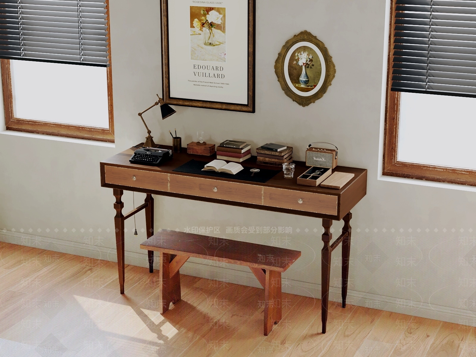 中古风书桌椅3D模型下载【ID:1229125305】