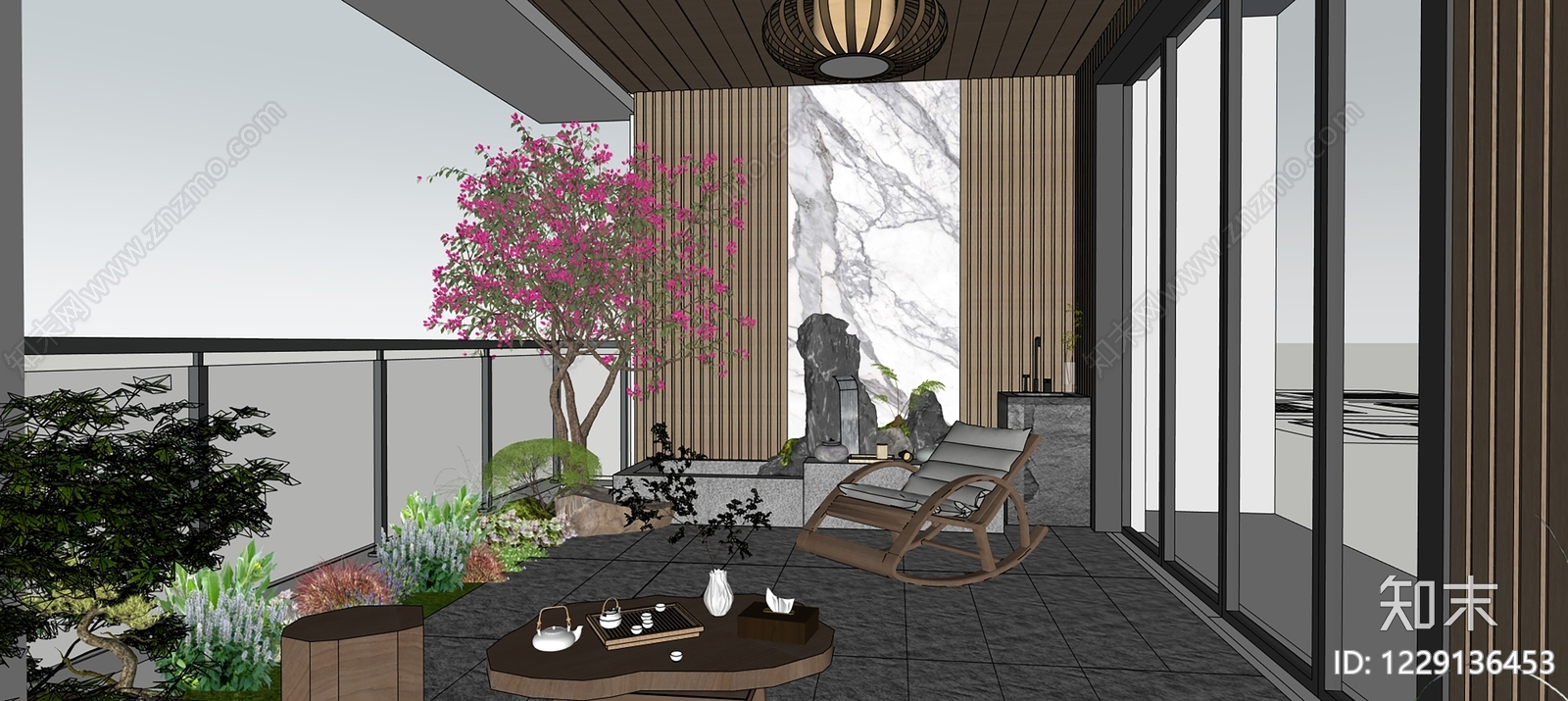 新中式屋顶花园SU模型下载【ID:1229136453】