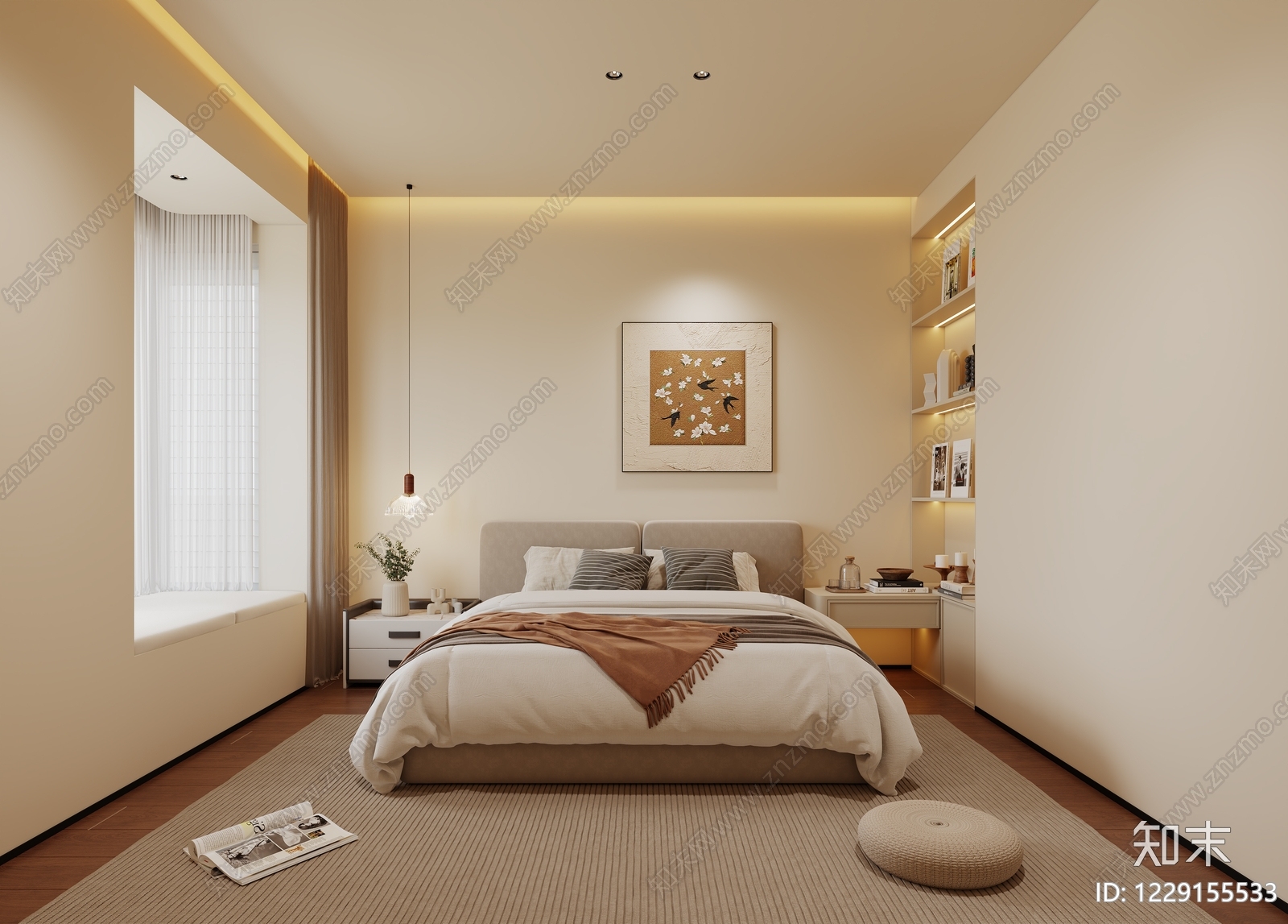 奶油风主卧3D模型下载【ID:1229155533】