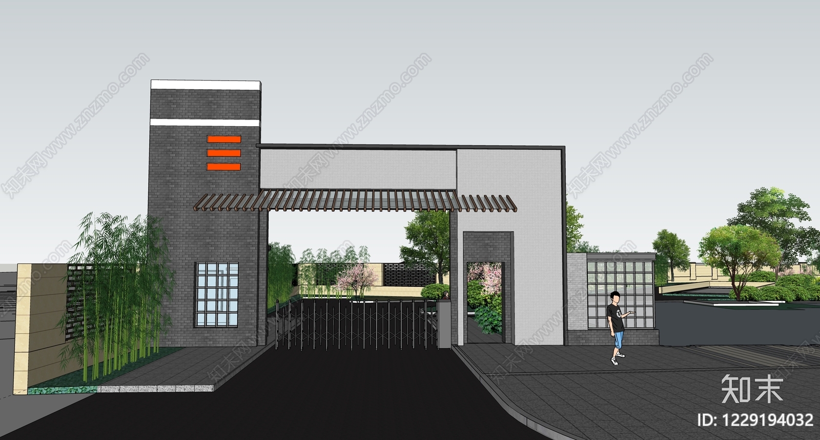新中式景观入口大门SU模型下载【ID:1229194032】