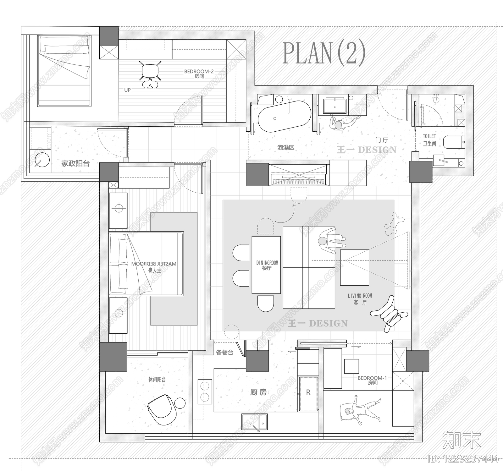 小户型平层cad施工图下载【ID:1229237444】