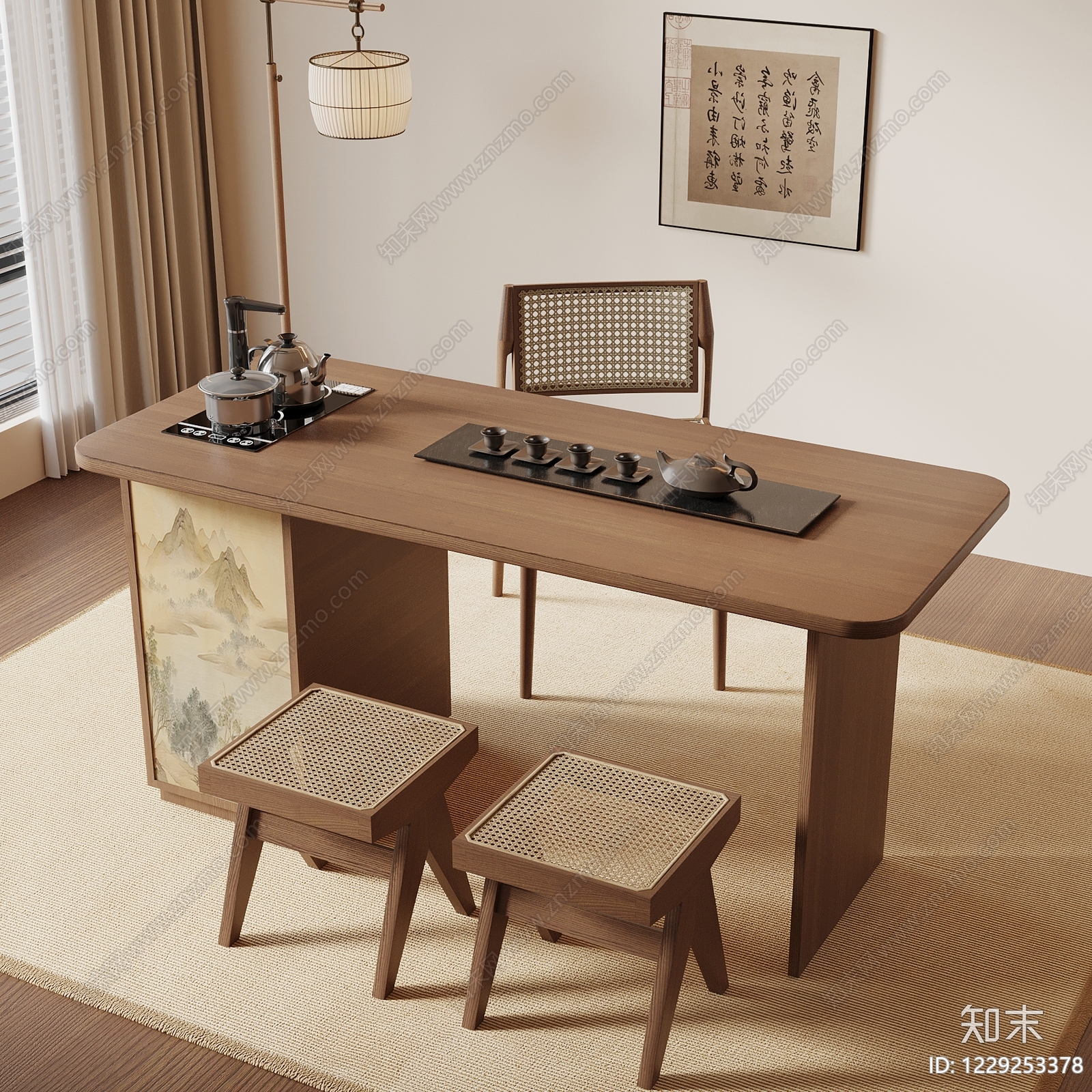 新中式茶桌椅3D模型渲染效果图