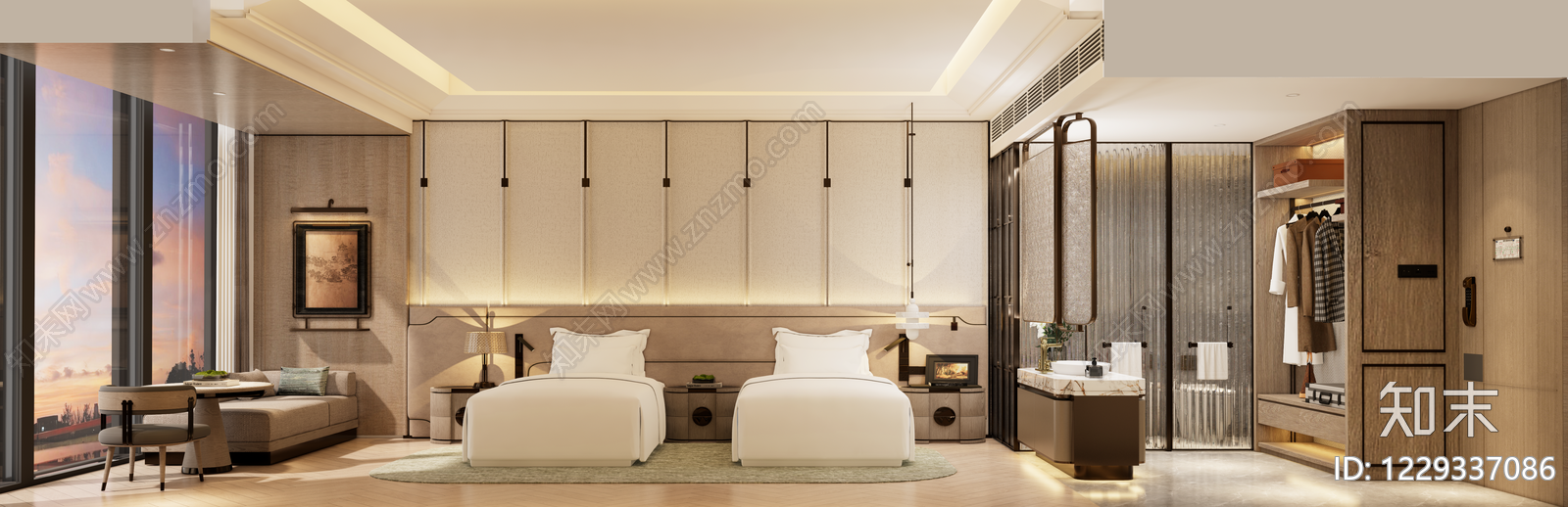 新中式酒店客房SU模型下载【ID:1229337086】