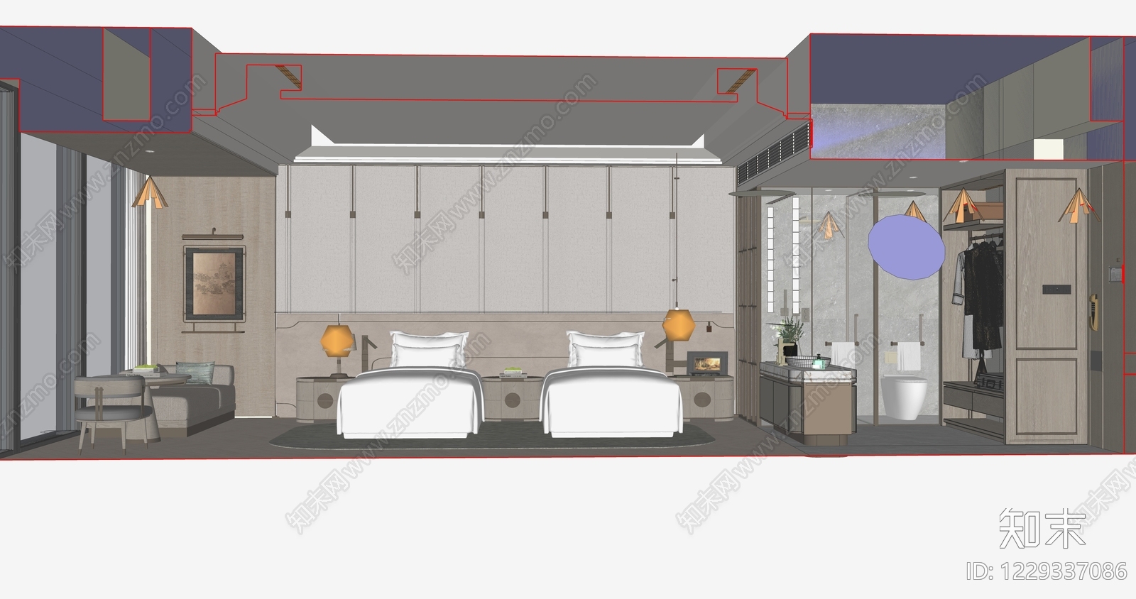 新中式酒店客房SU模型下载【ID:1229337086】