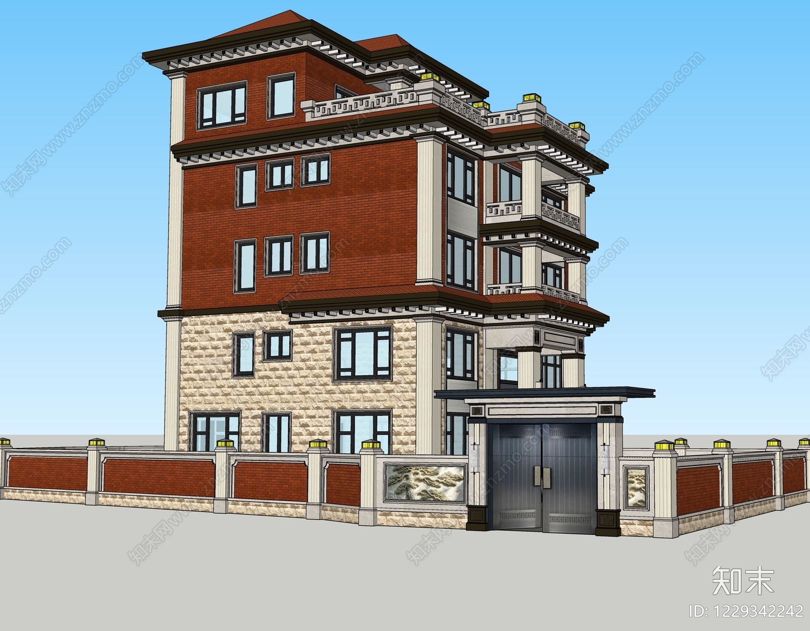 新中式独栋别墅SU模型下载【ID:1229342242】