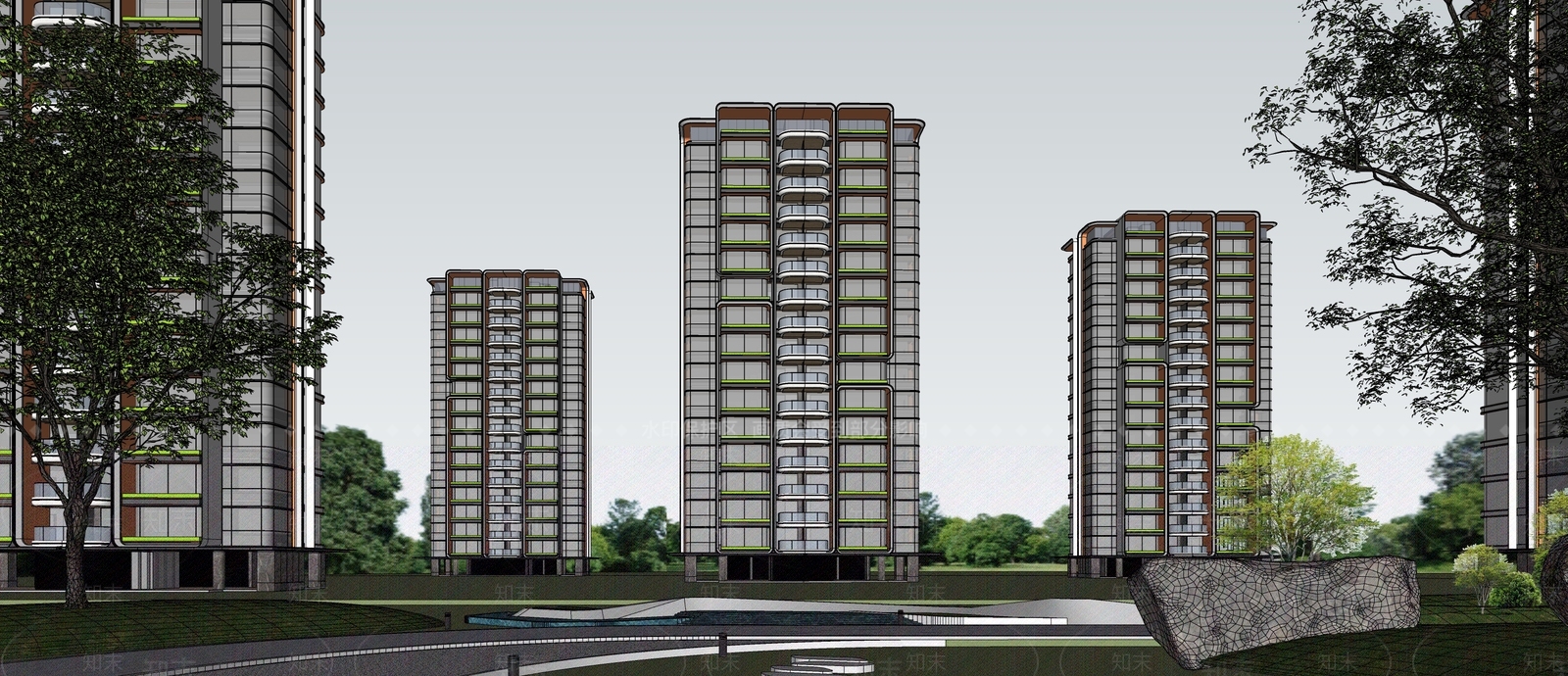 现代主义高层住宅SU模型下载【ID:1229438242】