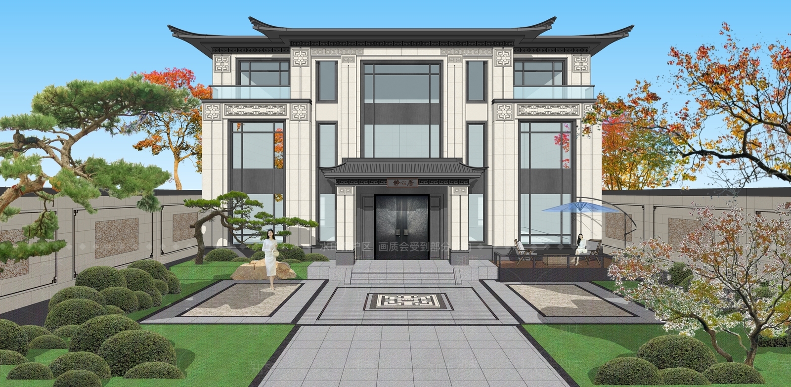 新中式景观别墅庭院SU模型下载【ID:1229504481】