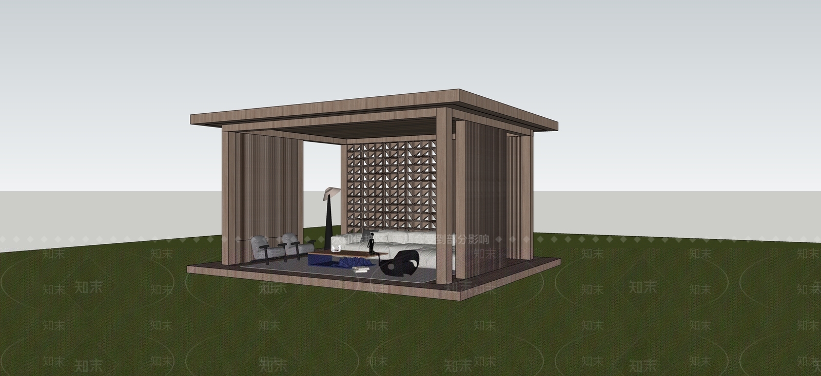 新中式景观廊架空间SU模型下载【ID:1229517721】