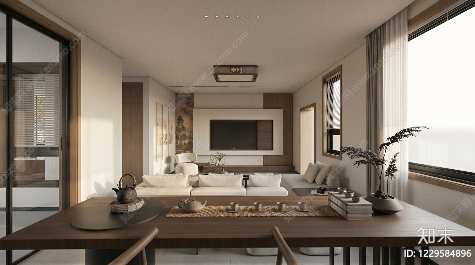 新中式客餐厅SU模型下载【ID:1229584896】