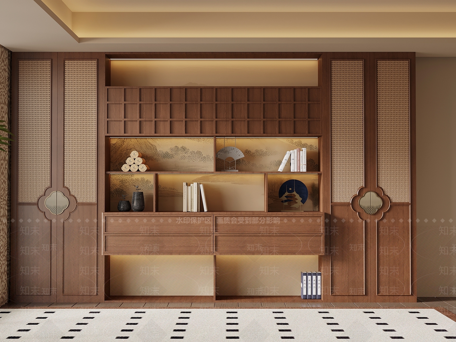 新中式书柜3D模型下载【ID:1229599219】