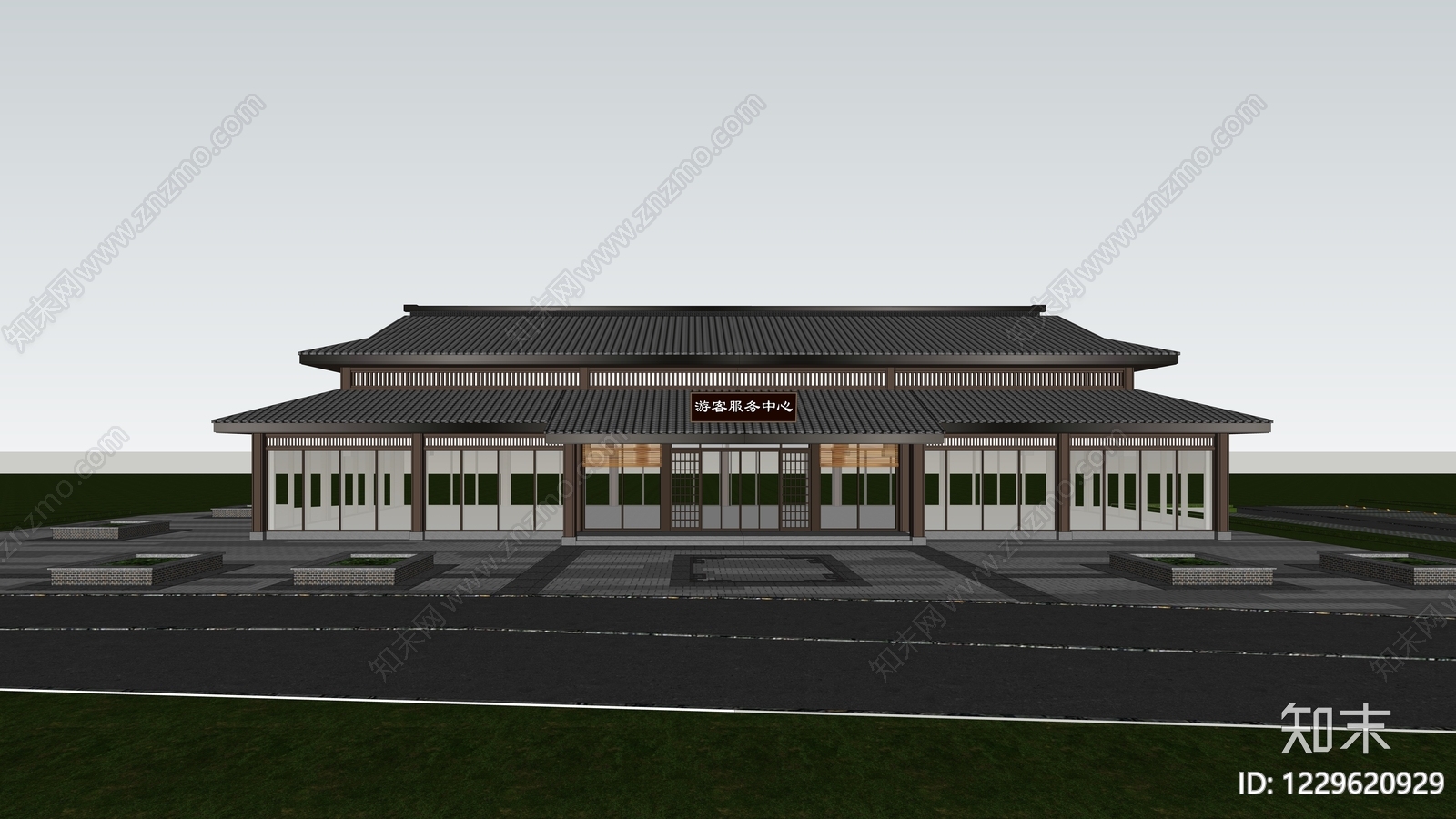 新中式游客服务中心SU模型下载【ID:1229620929】
