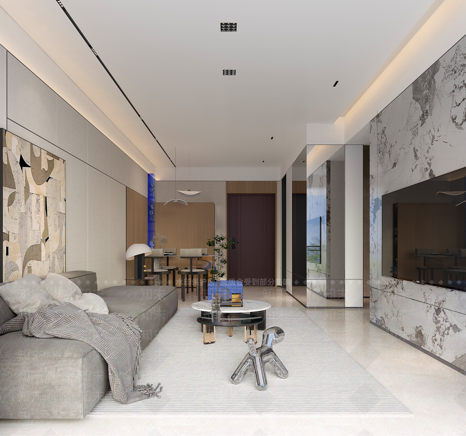 现代简约大平层客餐厅3D模型下载【ID:1229655391】