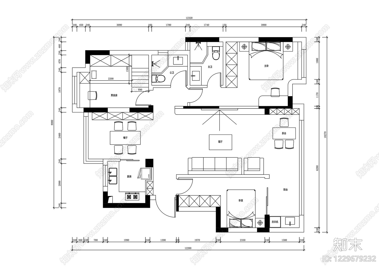 小户型平层cad施工图下载【ID:1229679232】
