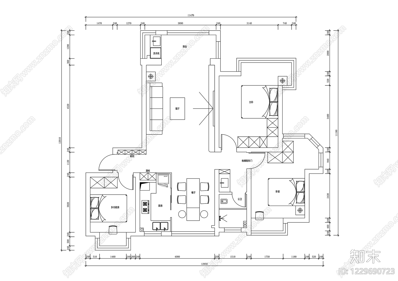 小户型平层cad施工图下载【ID:1229690723】