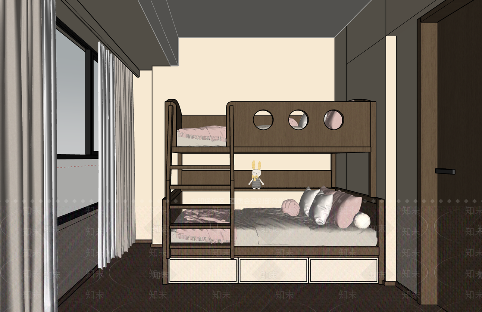 原木风女孩房SU模型下载【ID:1229996937】