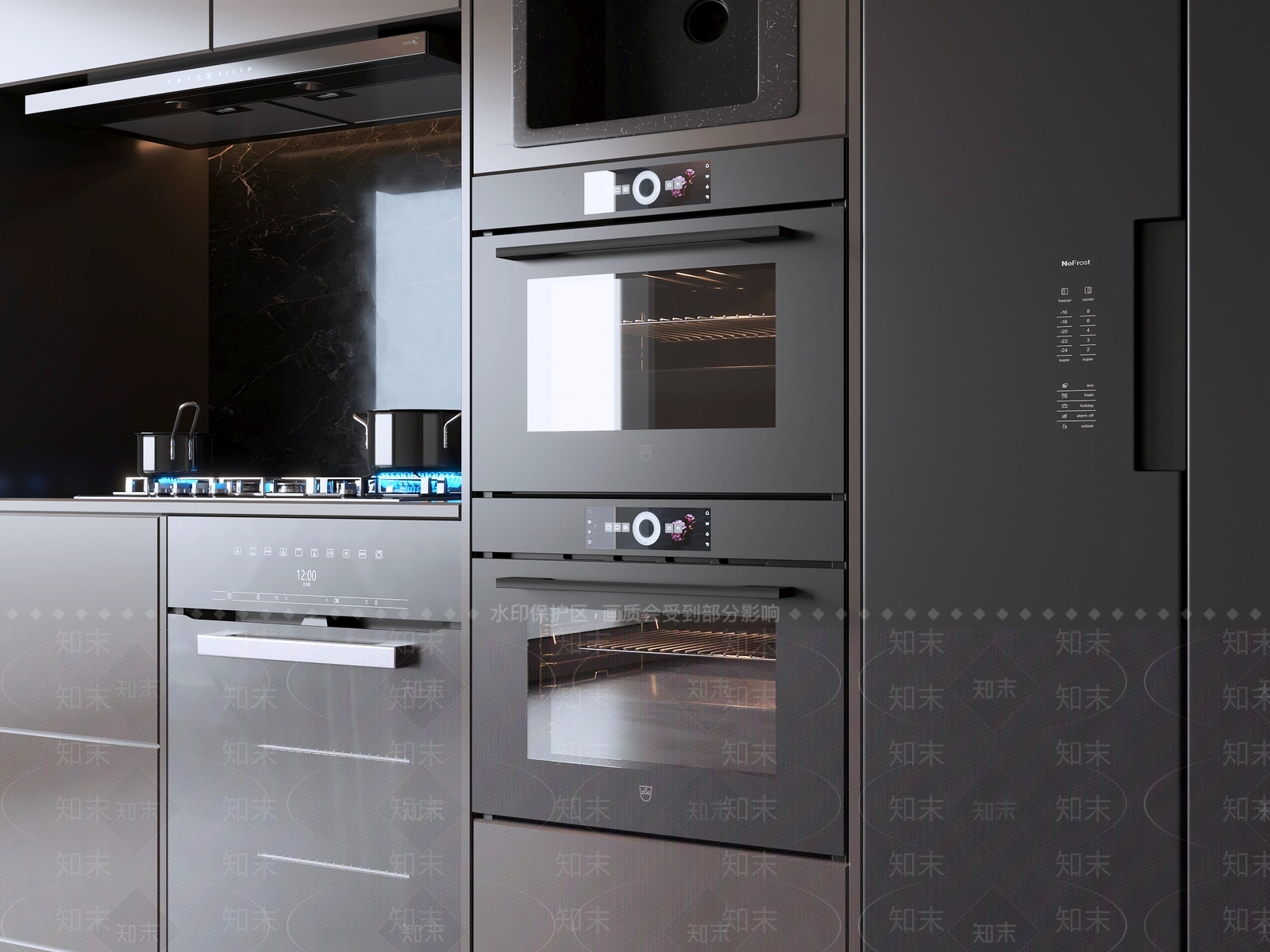 意式极简开放式厨房3D模型渲染效果图