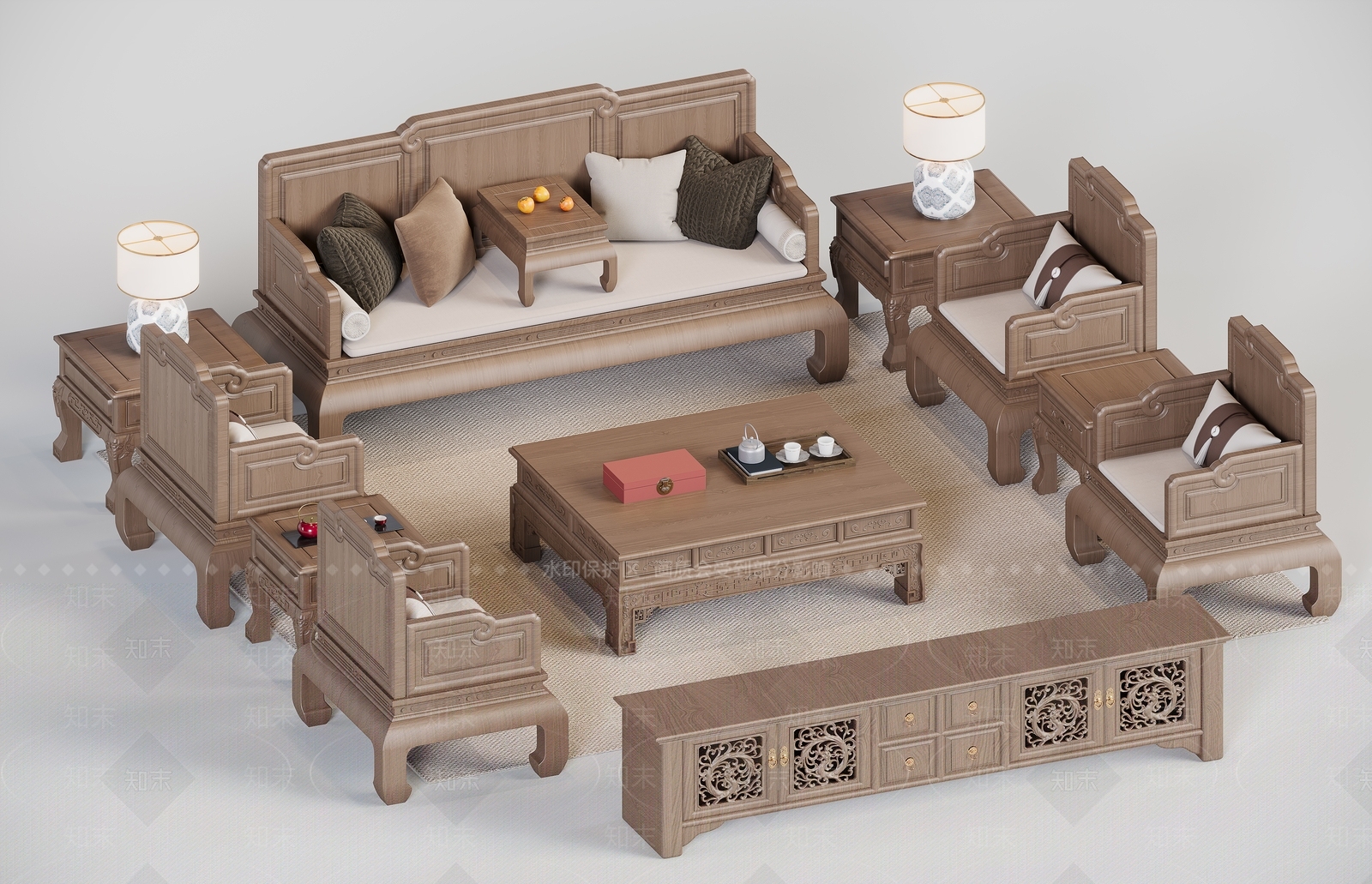 新中式沙发组合3D模型下载【ID:1230036943】