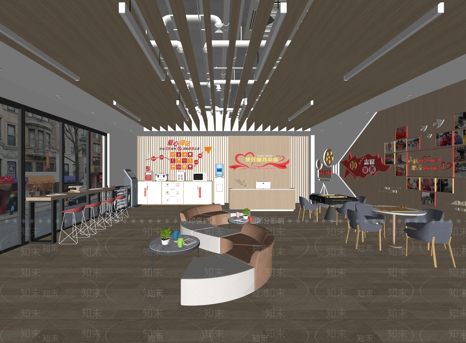 原木风办事大厅SU模型下载【ID:1230082877】