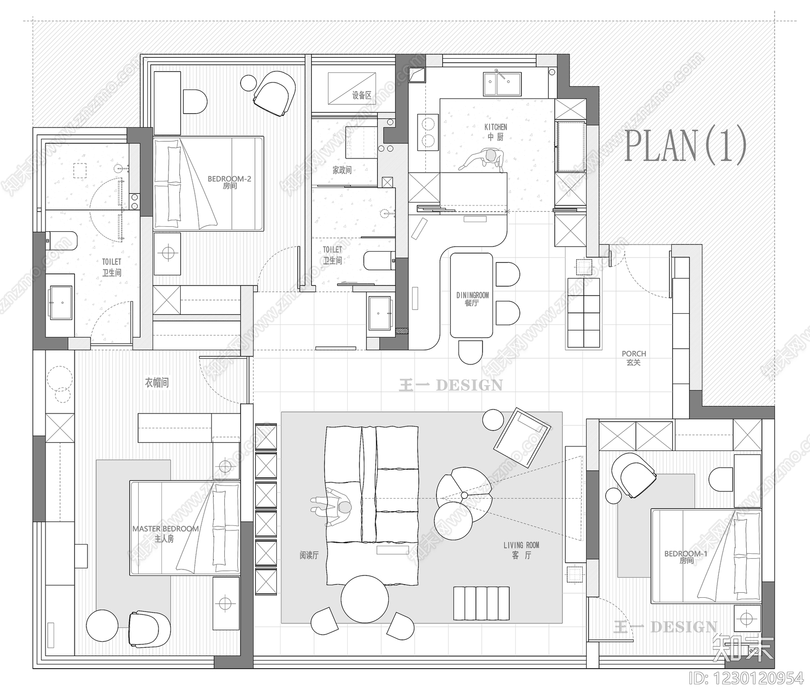 小户型平层cad施工图下载【ID:1230120954】