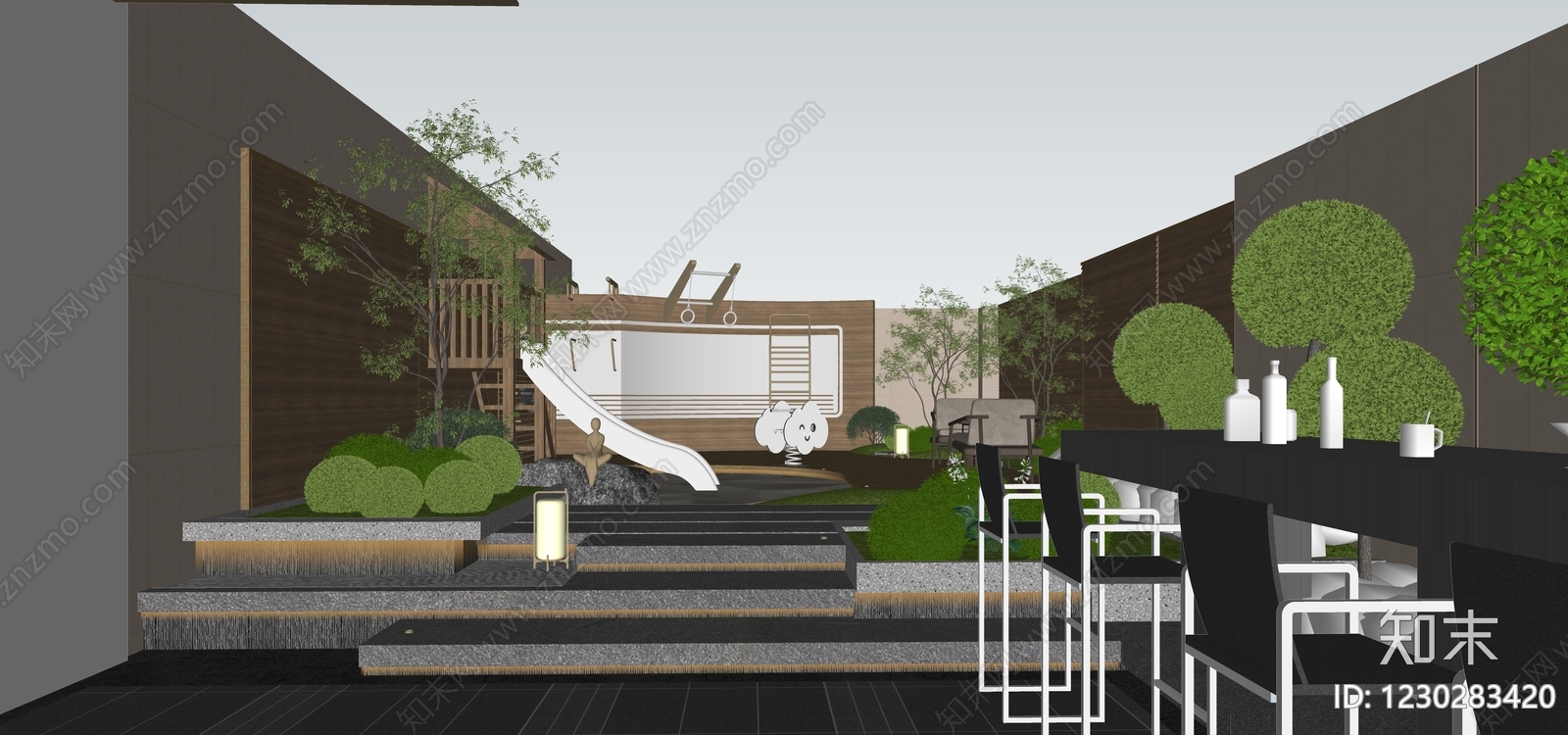 新中式景观屋顶花园SU模型下载【ID:1230283420】