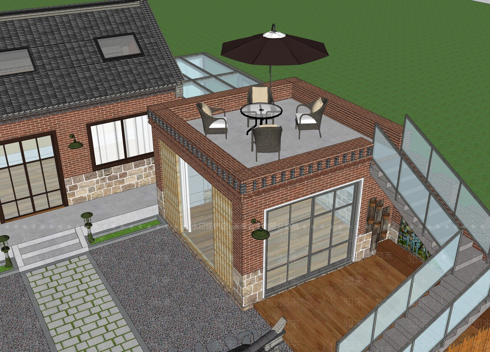新中式民宿建筑SU模型下载【ID:1230429607】