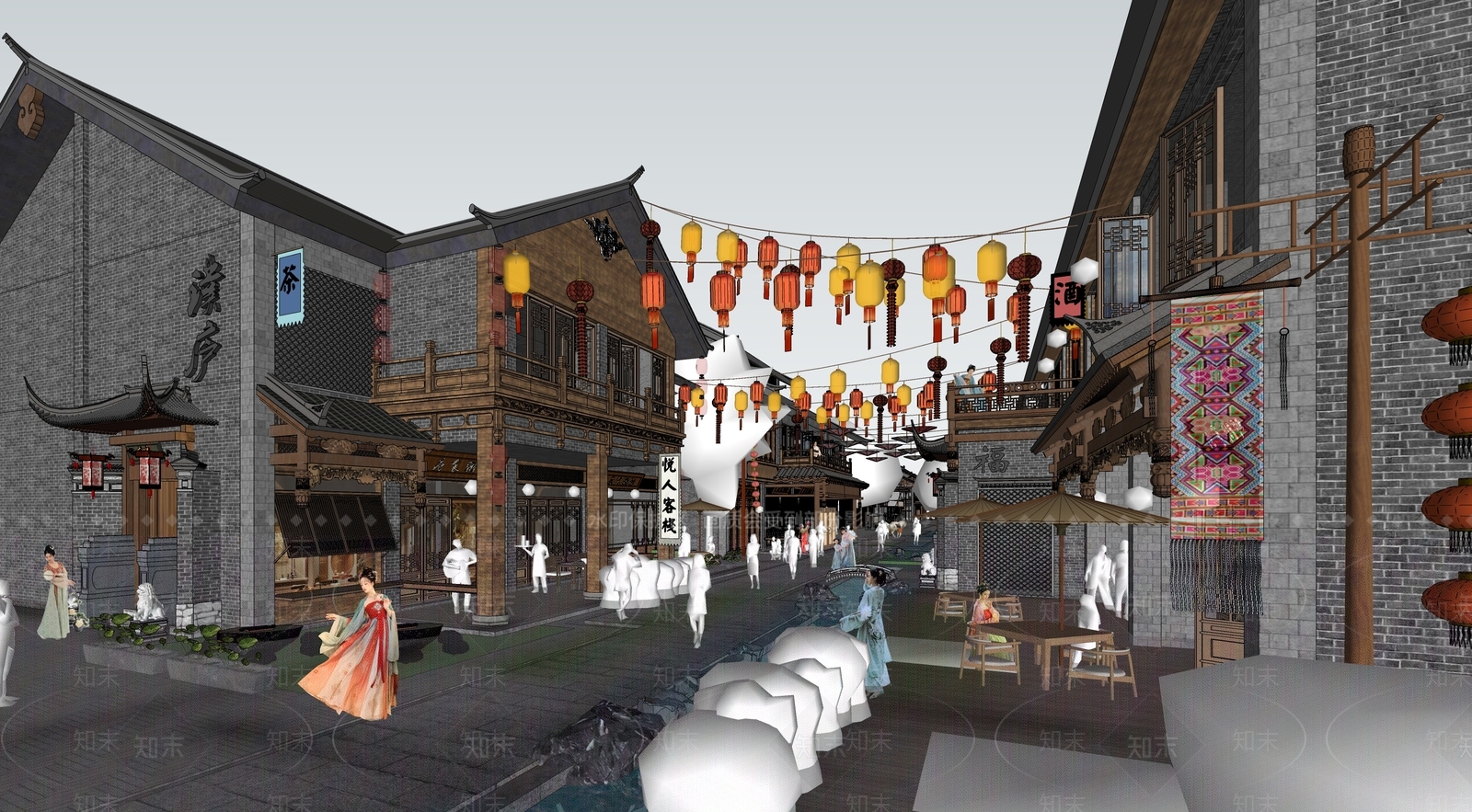 中式古建商业街SU模型下载【ID:1230443636】