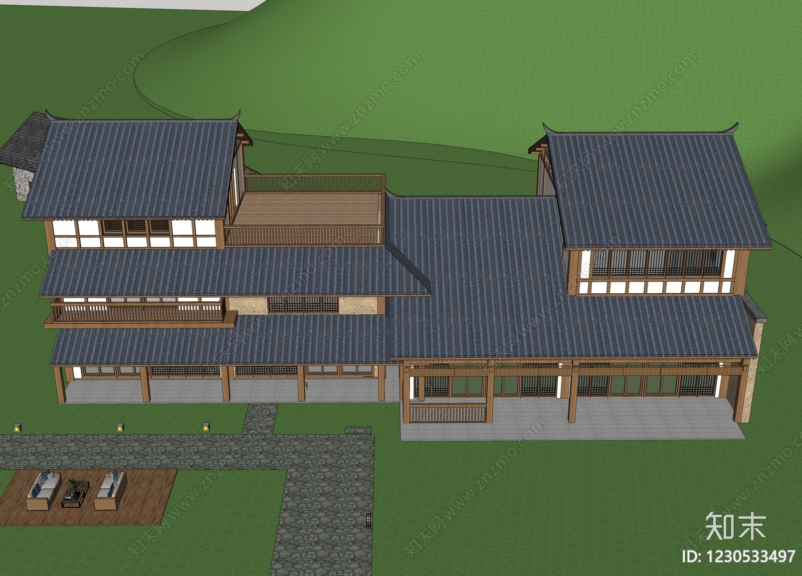 新中式民宿建筑SU模型下载【ID:1230533497】