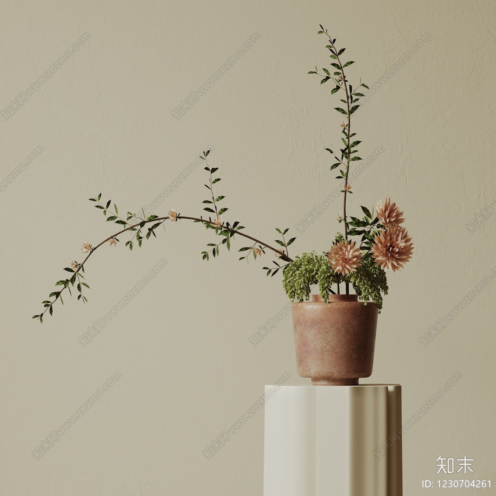 侘寂花草组合3D模型渲染效果图