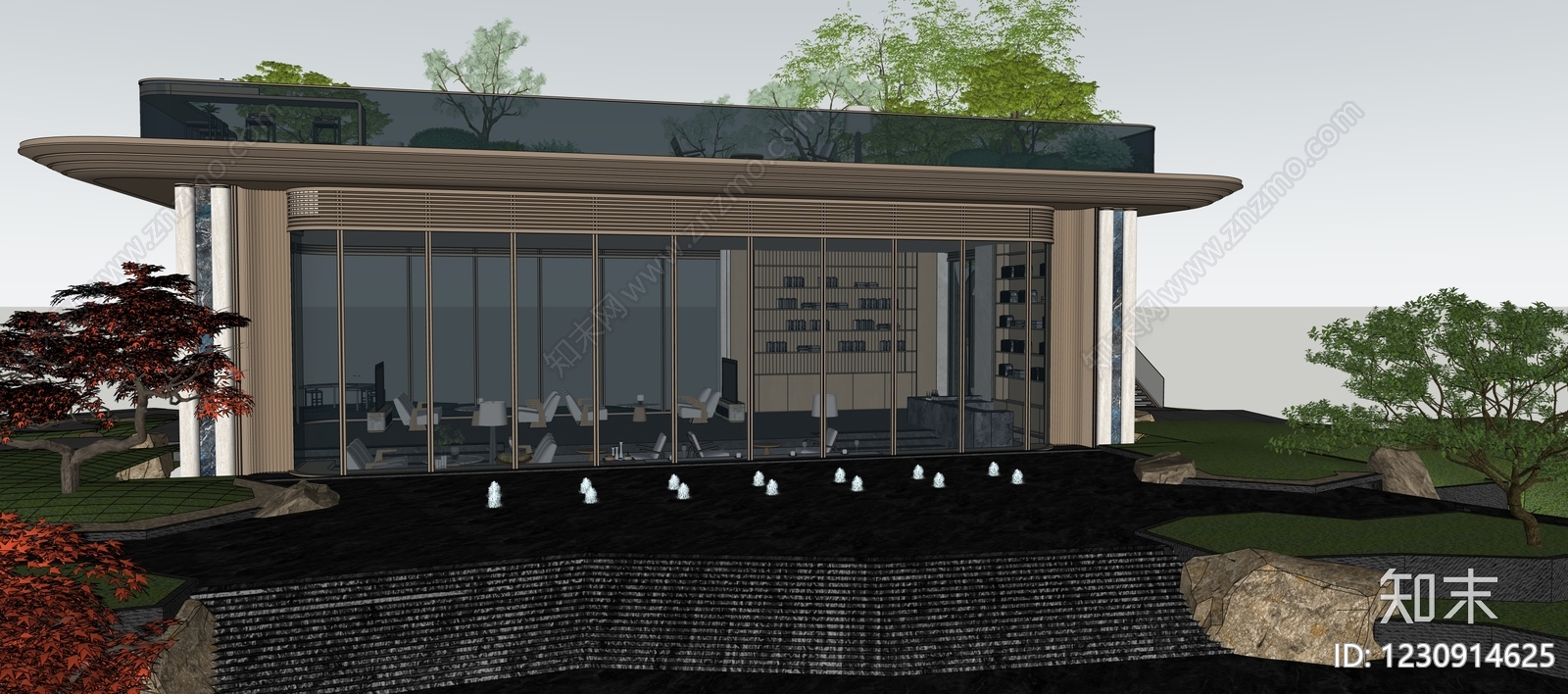 现代售楼处建筑SU模型下载【ID:1230914625】