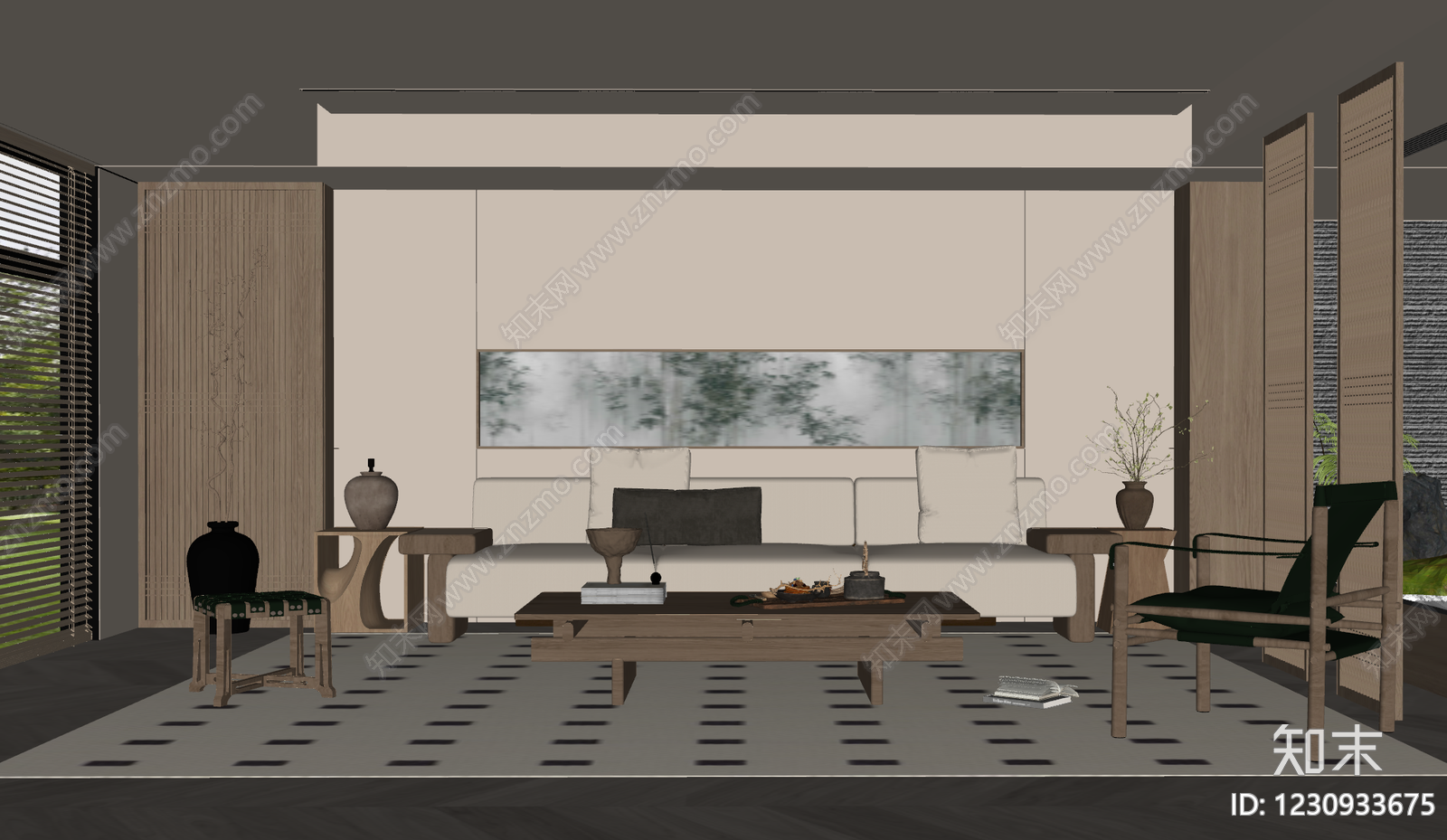 新中式家居客厅SU模型下载【ID:1230933675】