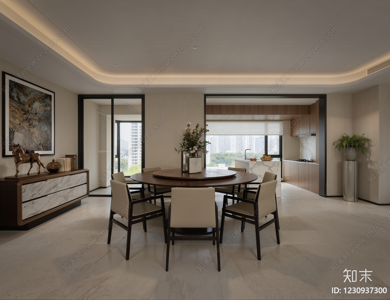 新中式大平层客餐厅3D模型下载【ID:1230937300】
