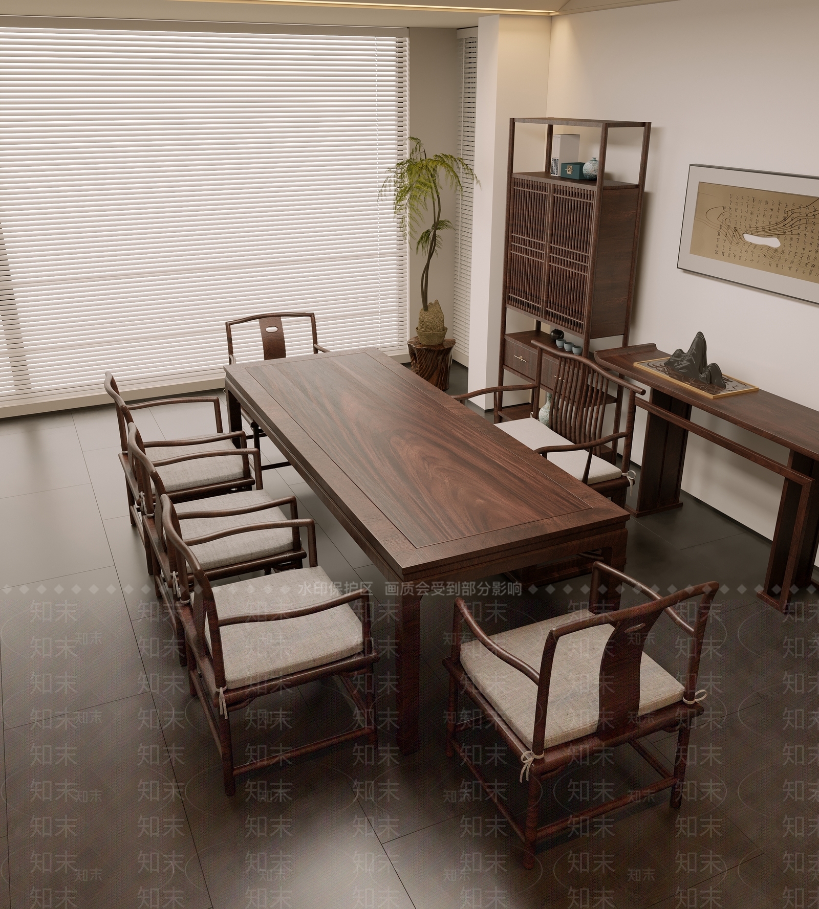 新中式茶桌椅3D模型渲染效果图