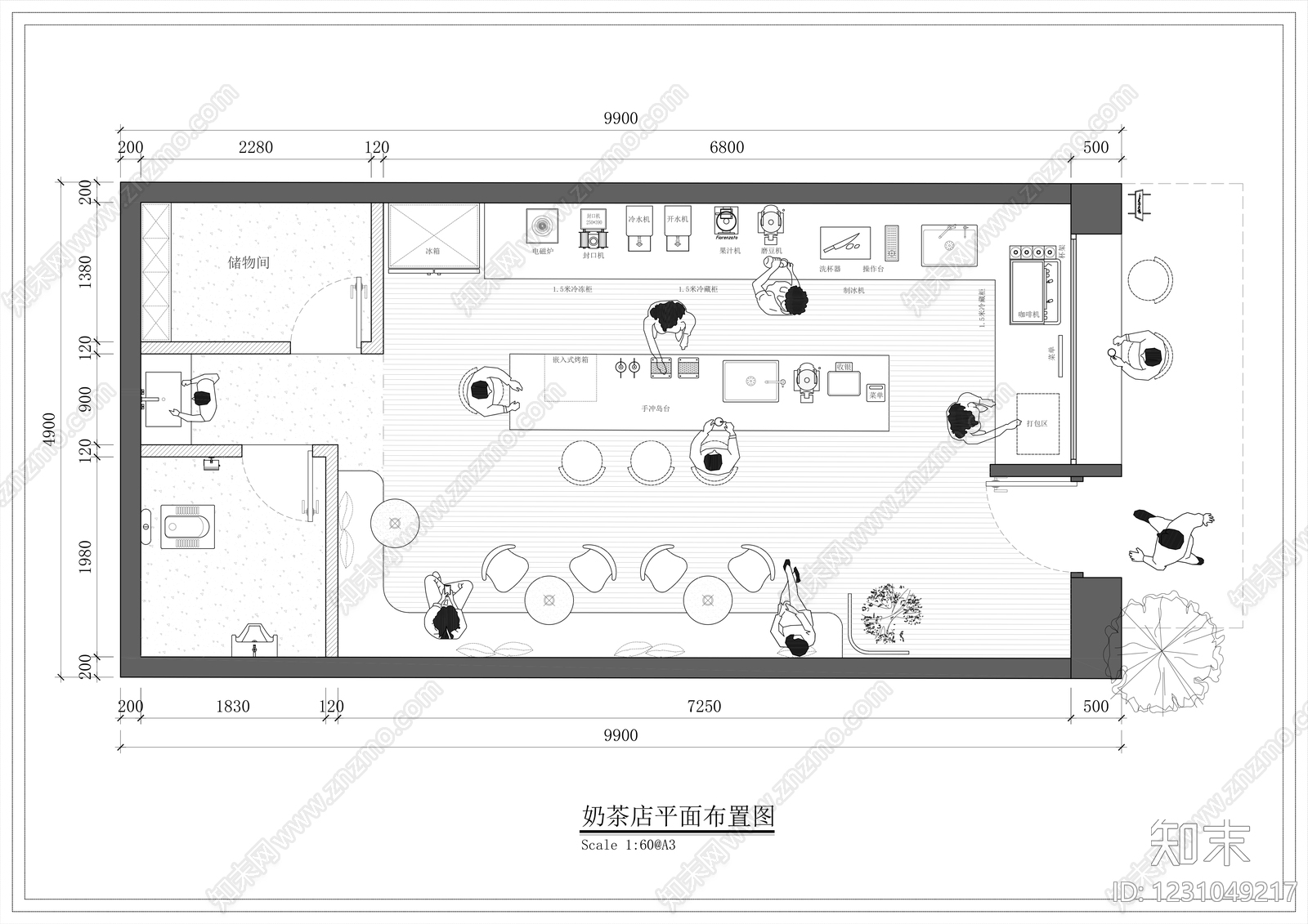 奶茶店cad施工图下载【ID:1231049217】