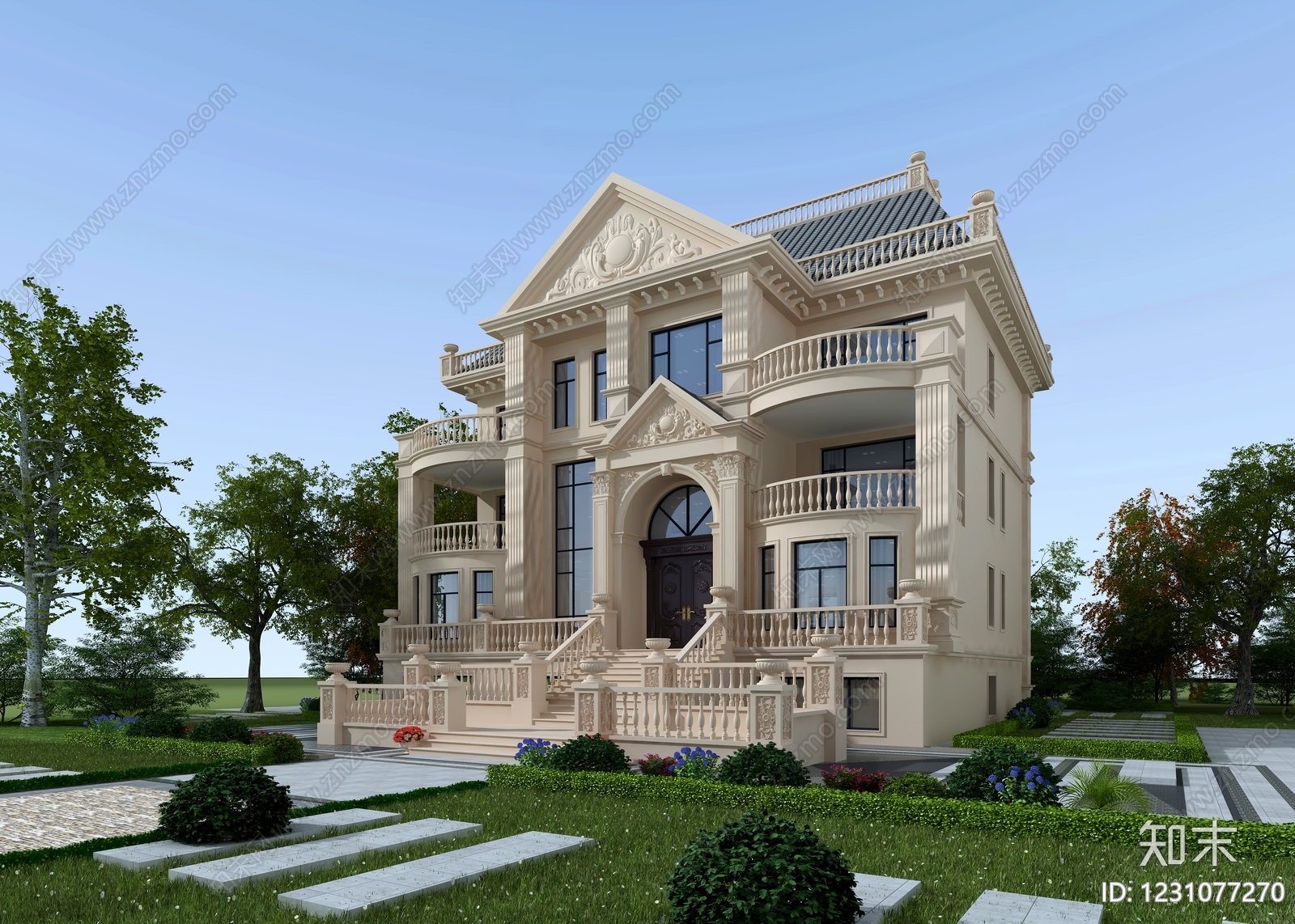 欧式别墅外观3D模型下载【ID:1231077270】