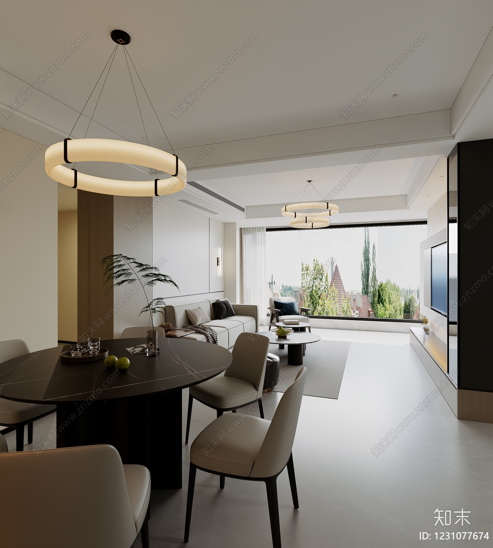 现代简约大平层客餐厅3D模型下载【ID:1231077674】