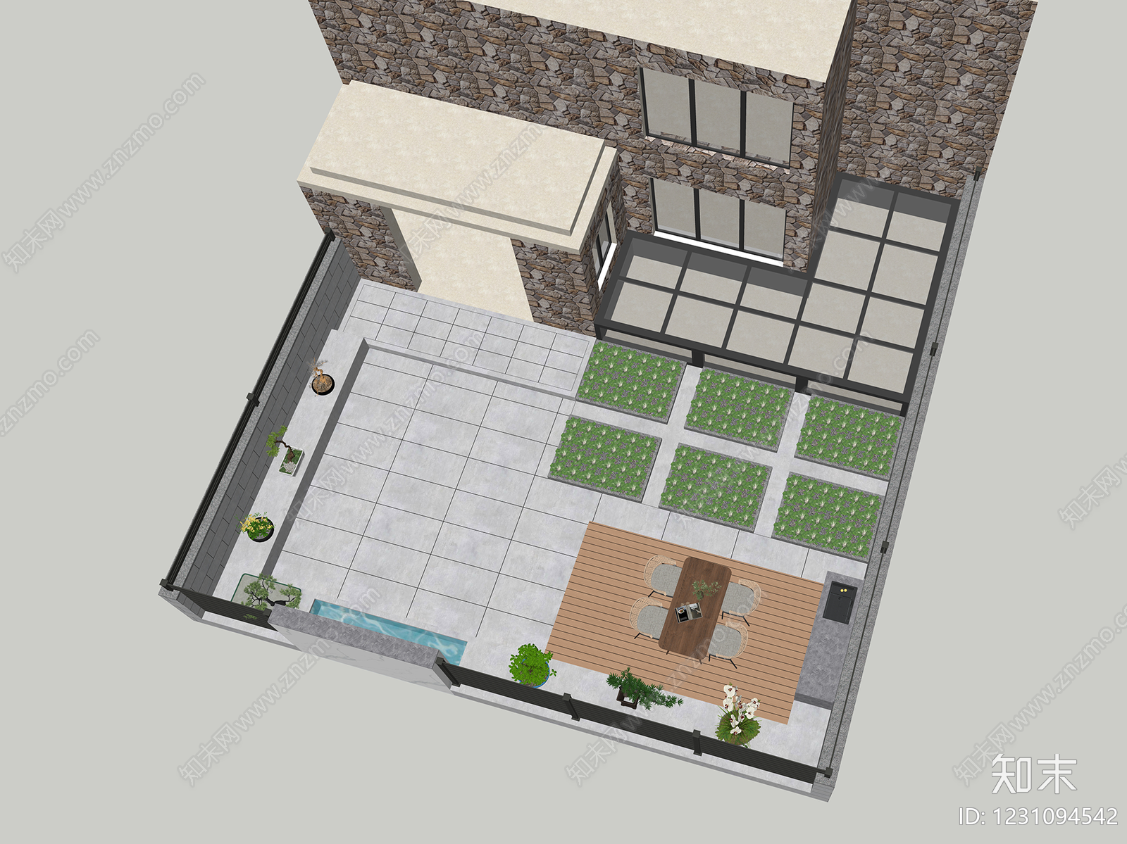 现代简约别墅庭院SU模型下载【ID:1231094542】