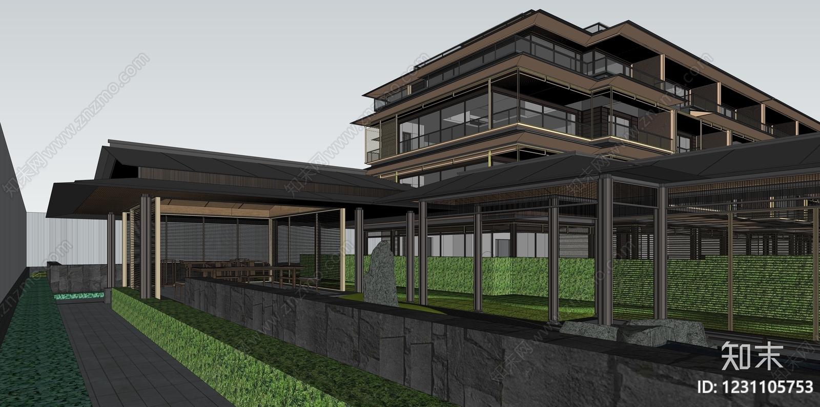 新中式景观小区建筑SU模型下载【ID:1231105753】