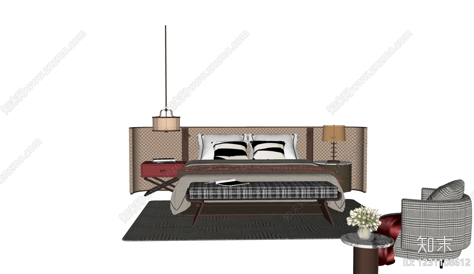 新中式双人床SU模型下载【ID:1231108612】