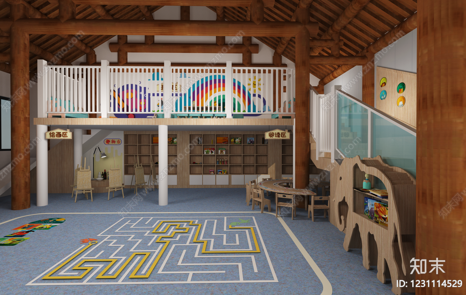 原木风幼儿园内部SU模型下载【ID:1231114529】
