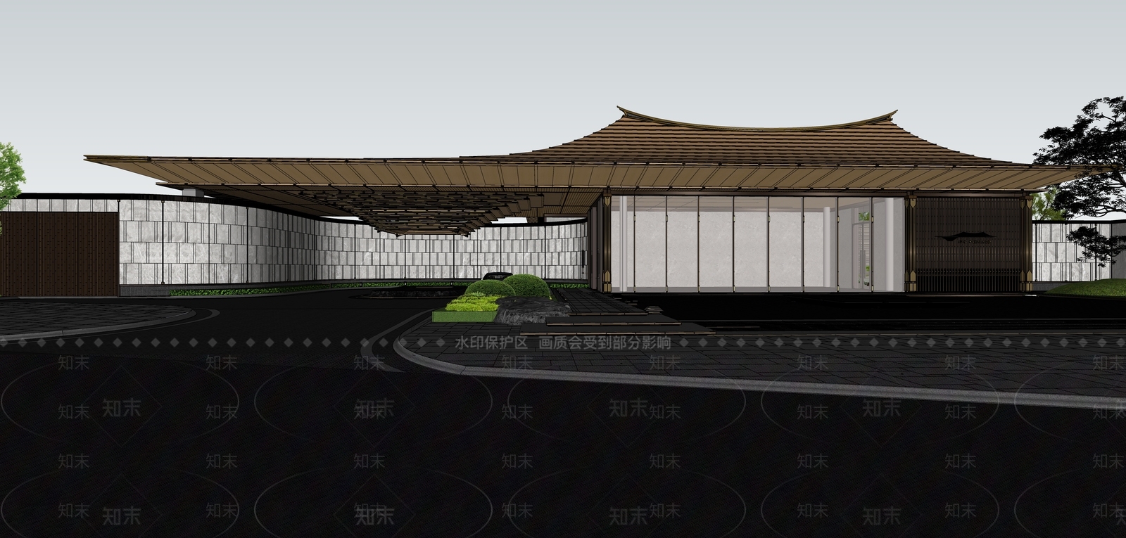 新中式景观售楼处建筑SU模型下载【ID:1231132921】