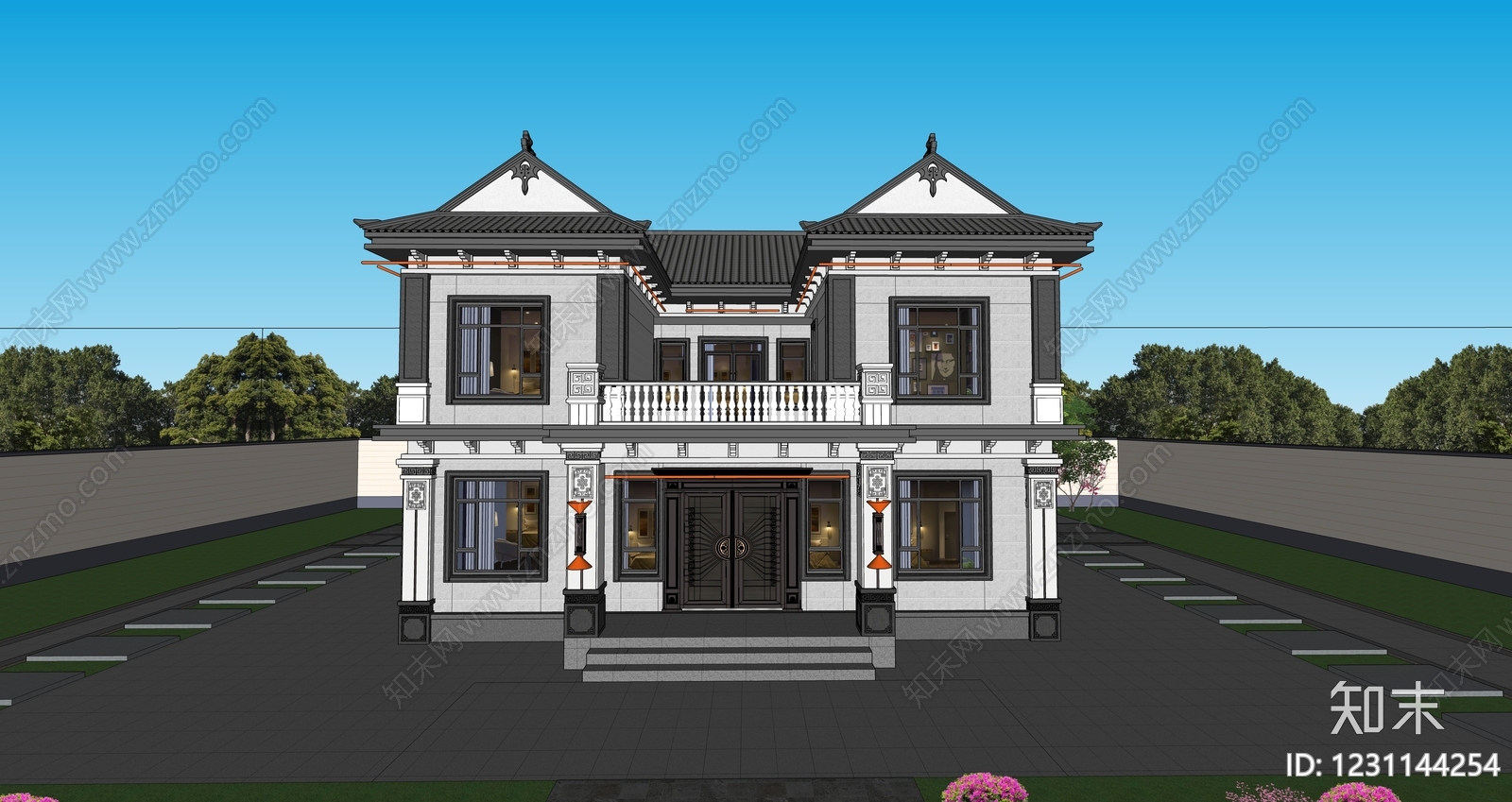 新中式独栋别墅SU模型下载【ID:1231144254】