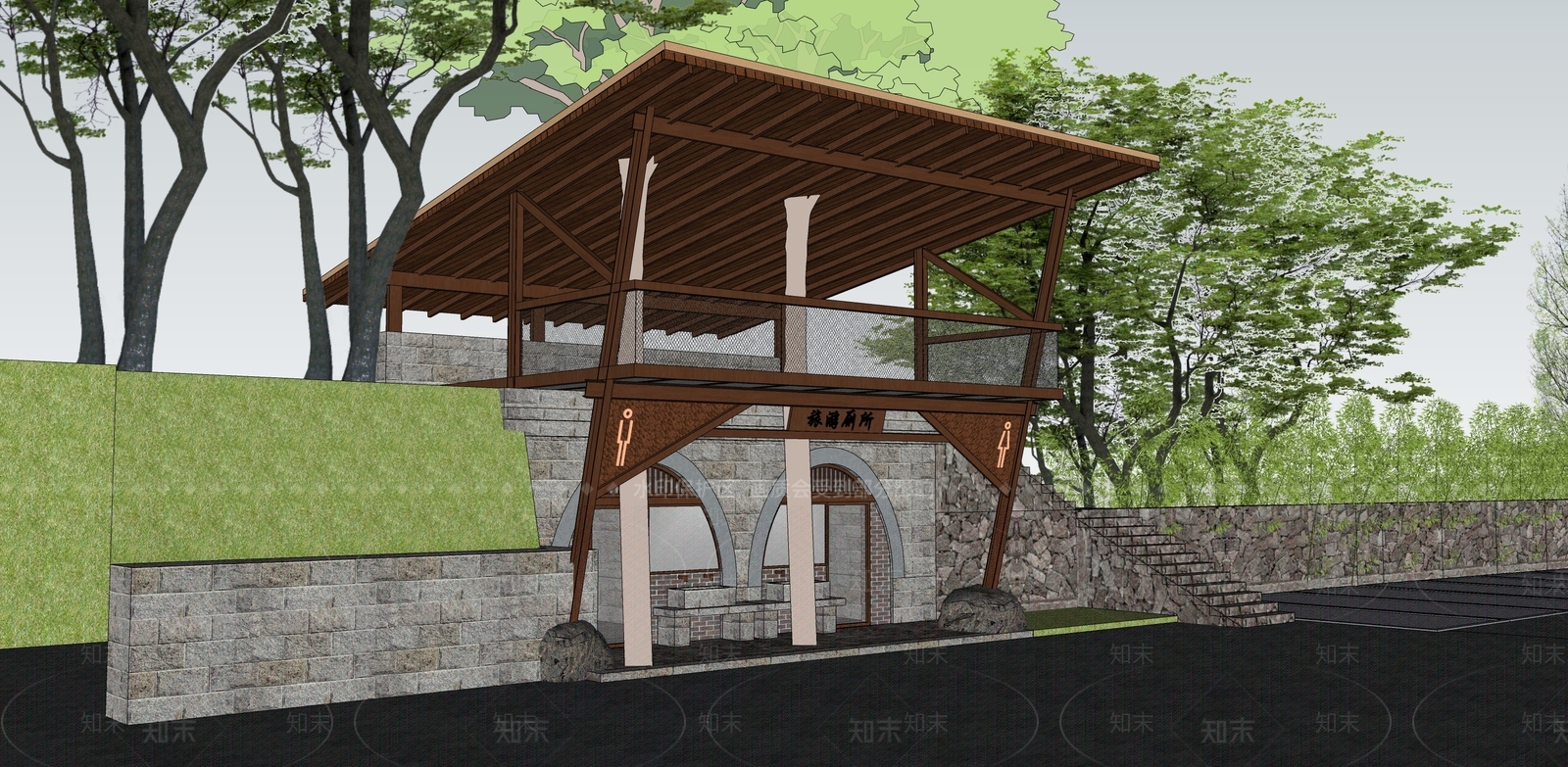 新中式景观小公建SU模型下载【ID:1231155790】