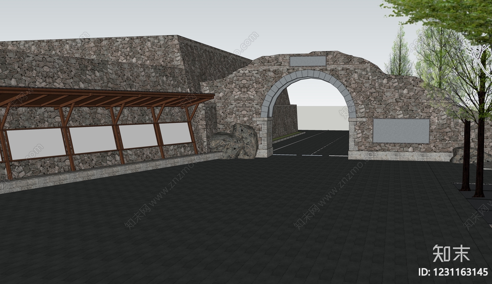中式古建入口大门SU模型下载【ID:1231163145】