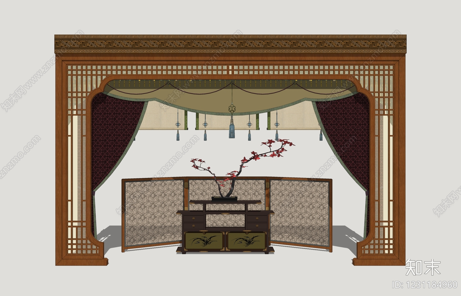 中式艺术隔断SU模型下载【ID:1231184960】