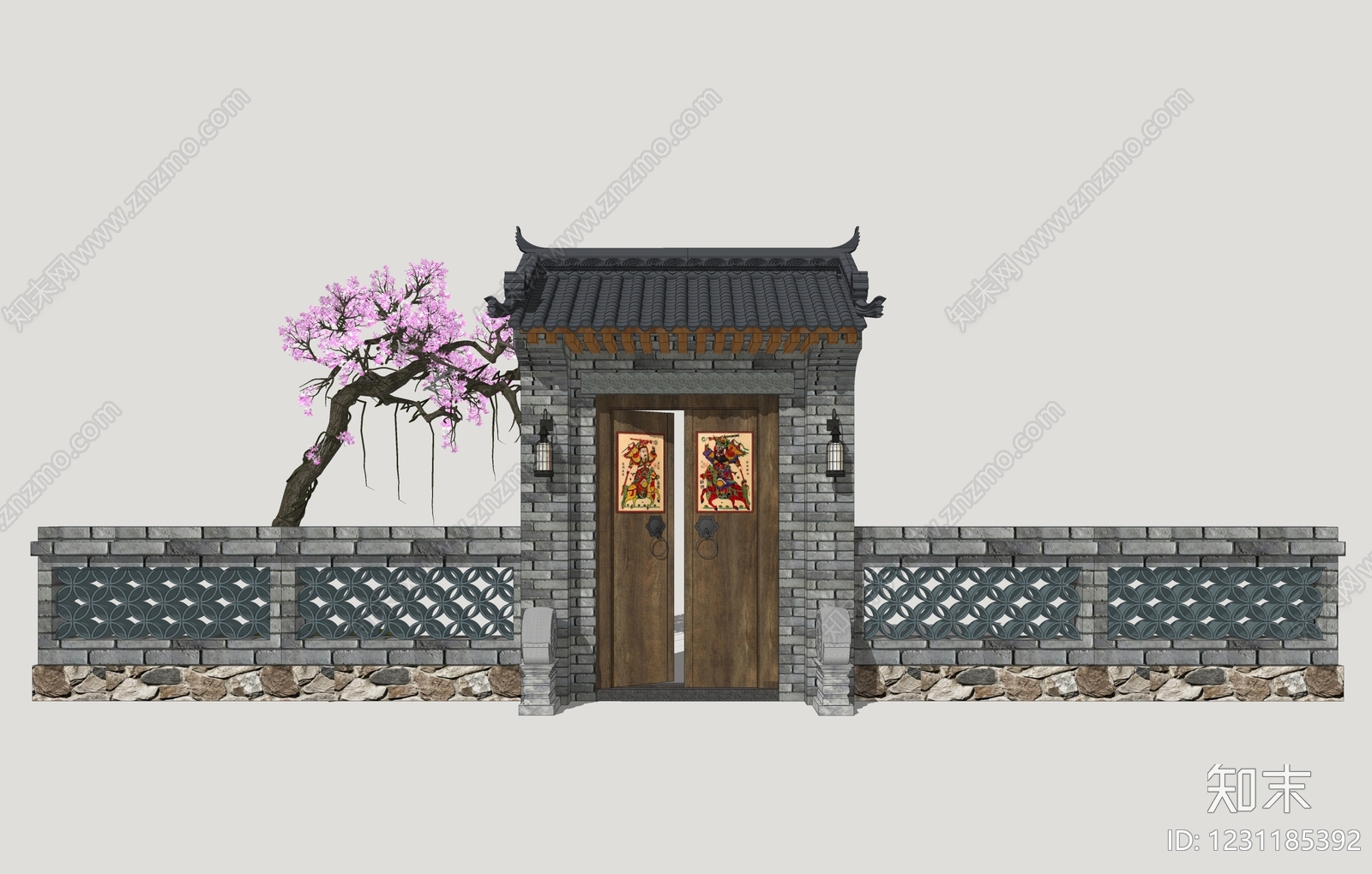 中式古建入口大门SU模型下载【ID:1231185392】