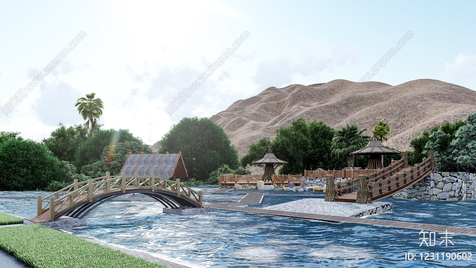 新中式景观滨水景观SU模型下载【ID:1231190602】